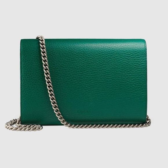 Gucci Chain Wallet Shoulder Bag Emerald Green Silver Gold Leather - Picture 3 of 3